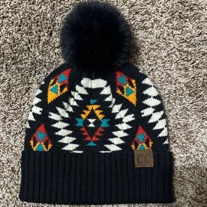 C.C Tribal Pattern Beanie with Black Pom